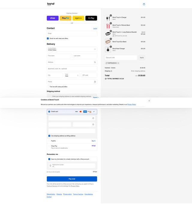 Bond Touch checkout page showing Bond Touch discount code box | Screenshot taken by SimplyCodes community member on Sep 2, 2025