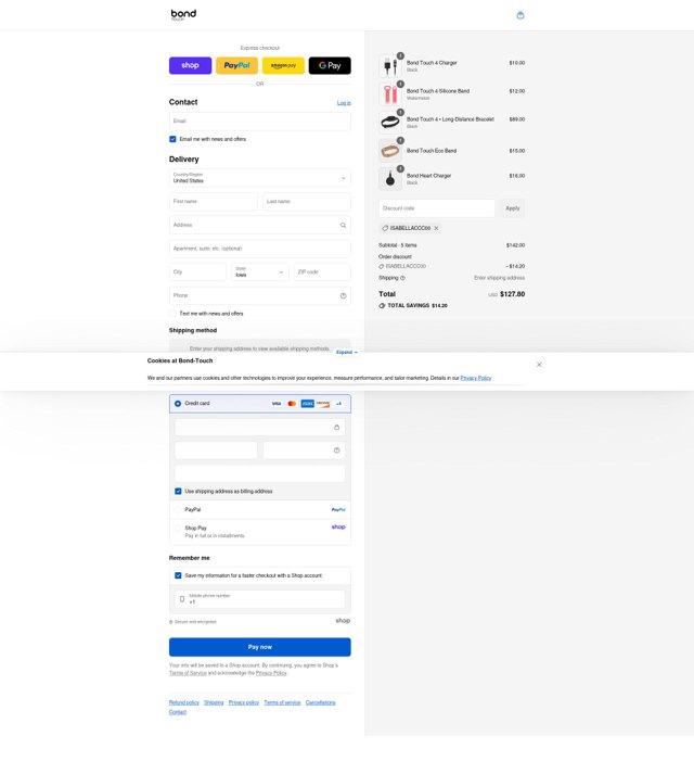 Bond Touch checkout page showing Bond Touch discount code box | Screenshot taken by SimplyCodes community member on Sep 2, 2025