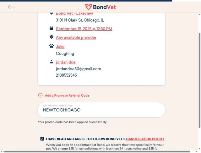 Bond Vet checkout page showing Bond Vet promo code box | Screenshot taken by SimplyCodes community member on Aug 30, 2025