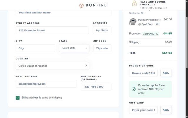 Bonfire checkout page showing Bonfire promo code box | Screenshot taken by SimplyCodes community member on Aug 19, 2025