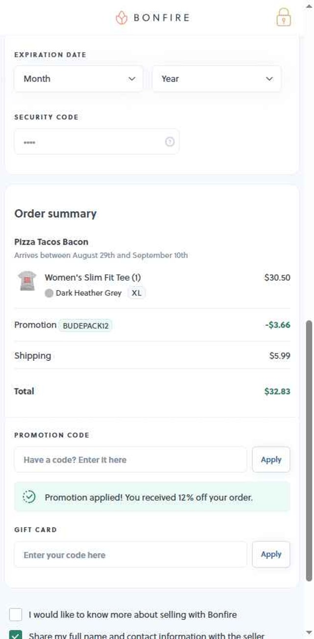 Bonfire checkout page showing Bonfire promo code box | Screenshot taken by SimplyCodes community member on Aug 20, 2025