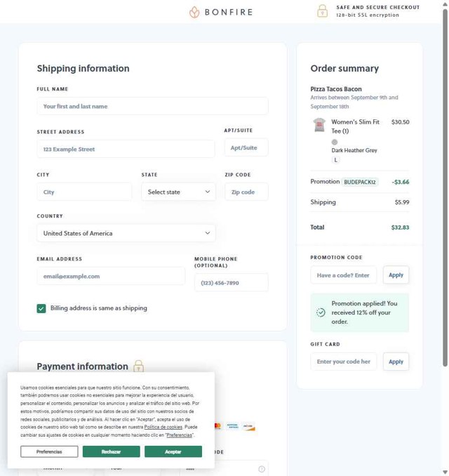 Bonfire checkout page showing Bonfire promo code box | Screenshot taken by SimplyCodes community member on Aug 28, 2025