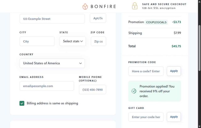 Bonfire checkout page showing Bonfire promo code box | Screenshot taken by SimplyCodes community member on Aug 26, 2025
