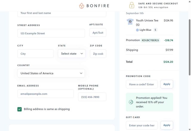 Bonfire checkout page showing Bonfire promo code box | Screenshot taken by SimplyCodes community member on Aug 21, 2025