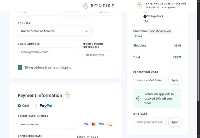 Bonfire checkout page showing Bonfire promo code box | Screenshot taken by SimplyCodes community member on Aug 26, 2025