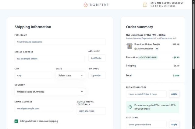 Bonfire checkout page showing Bonfire promo code box | Screenshot taken by SimplyCodes community member on Aug 29, 2025