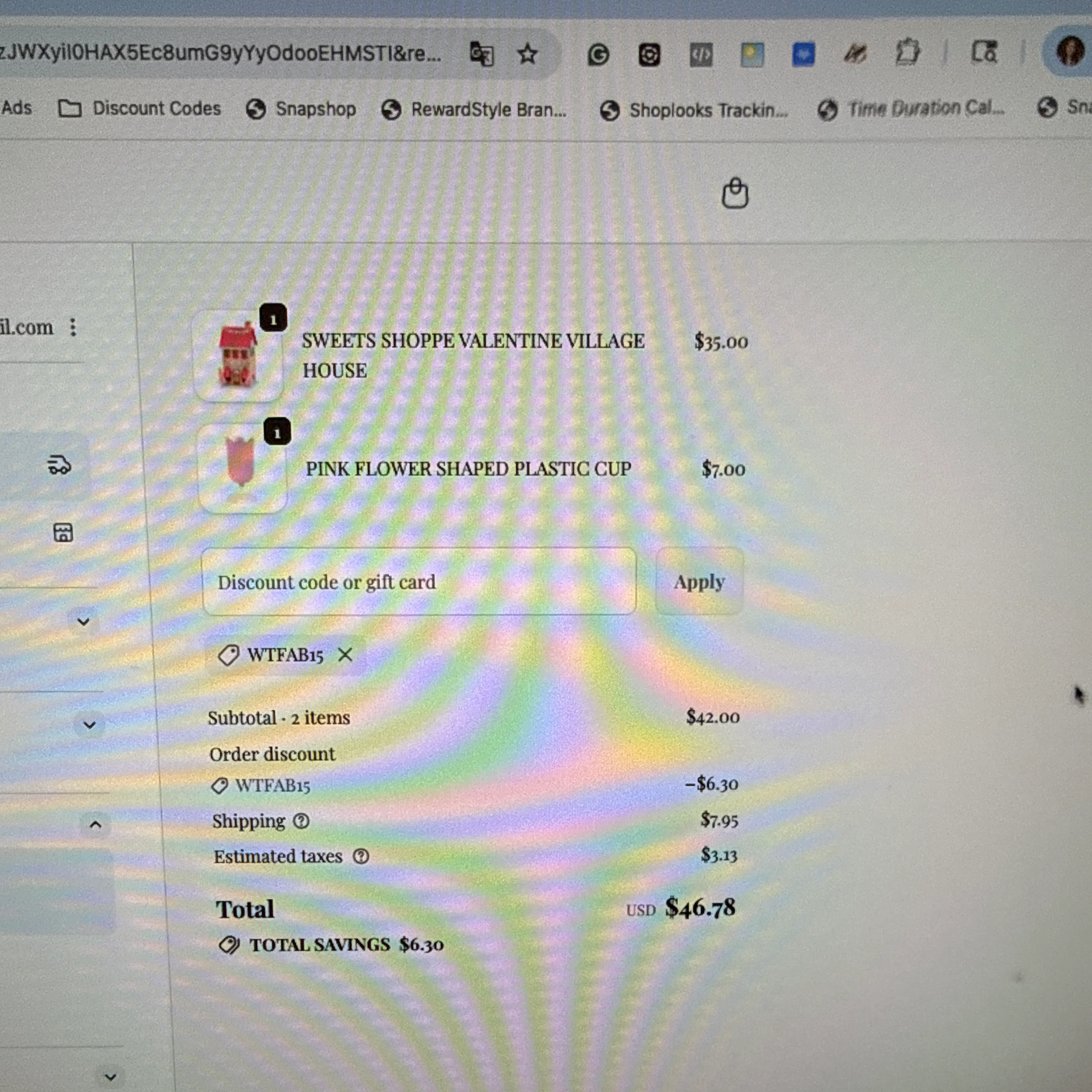Bonjour Fête promo code screenshot showing code WTFAB15 applied at Bonjour Fête checkout page. Uploaded by SimplyCodes community member CashCurator3686 on Jan 29, 2026