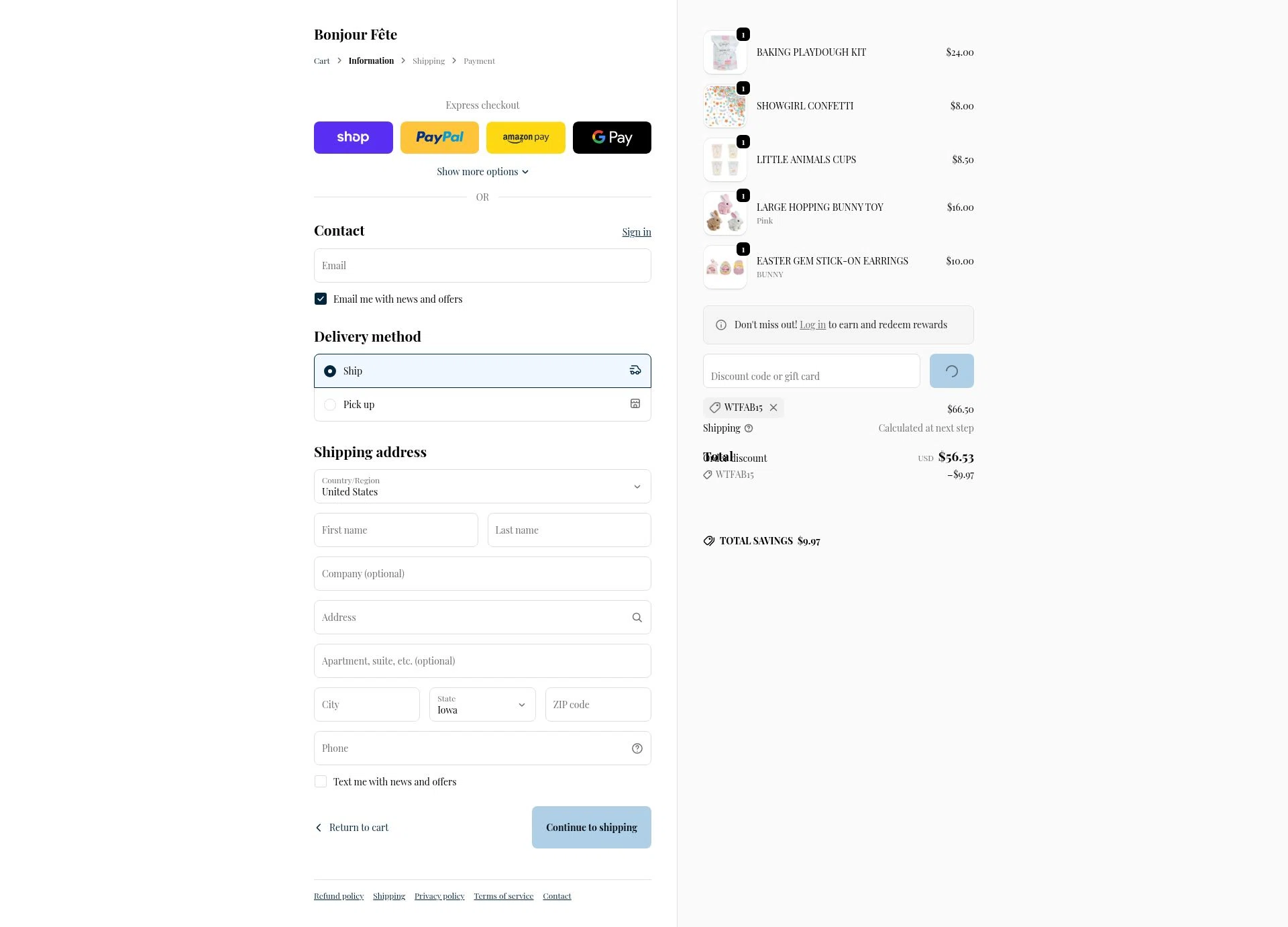 Bonjour Fête checkout page showing Bonjour Fête promo code box | Screenshot taken by SimplyCodes community member on Feb 5, 2026