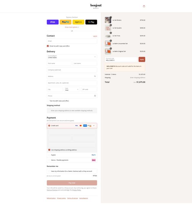 Bonjout Beauty checkout page showing Bonjout Beauty discount code box | Screenshot taken by SimplyCodes community member on Sep 4, 2025