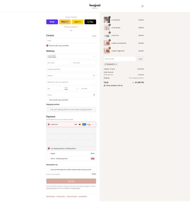 Bonjout Beauty checkout page showing Bonjout Beauty discount code box | Screenshot taken by SimplyCodes community member on Sep 8, 2025