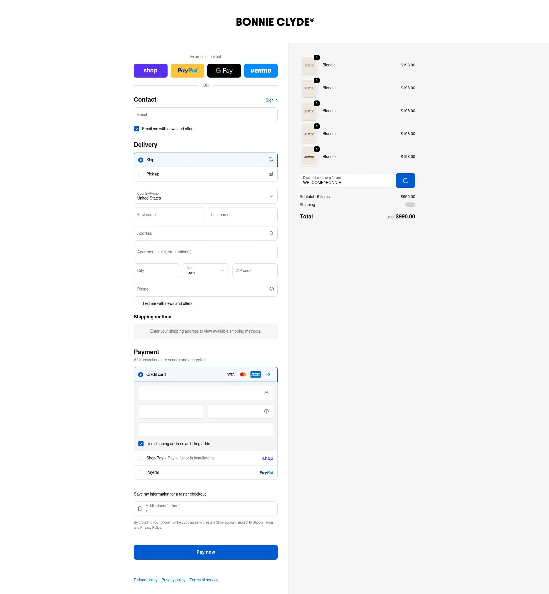 Bonnie Clyde checkout page showing Bonnie Clyde discount code box | Screenshot taken by SimplyCodes community member on Feb 11, 2026