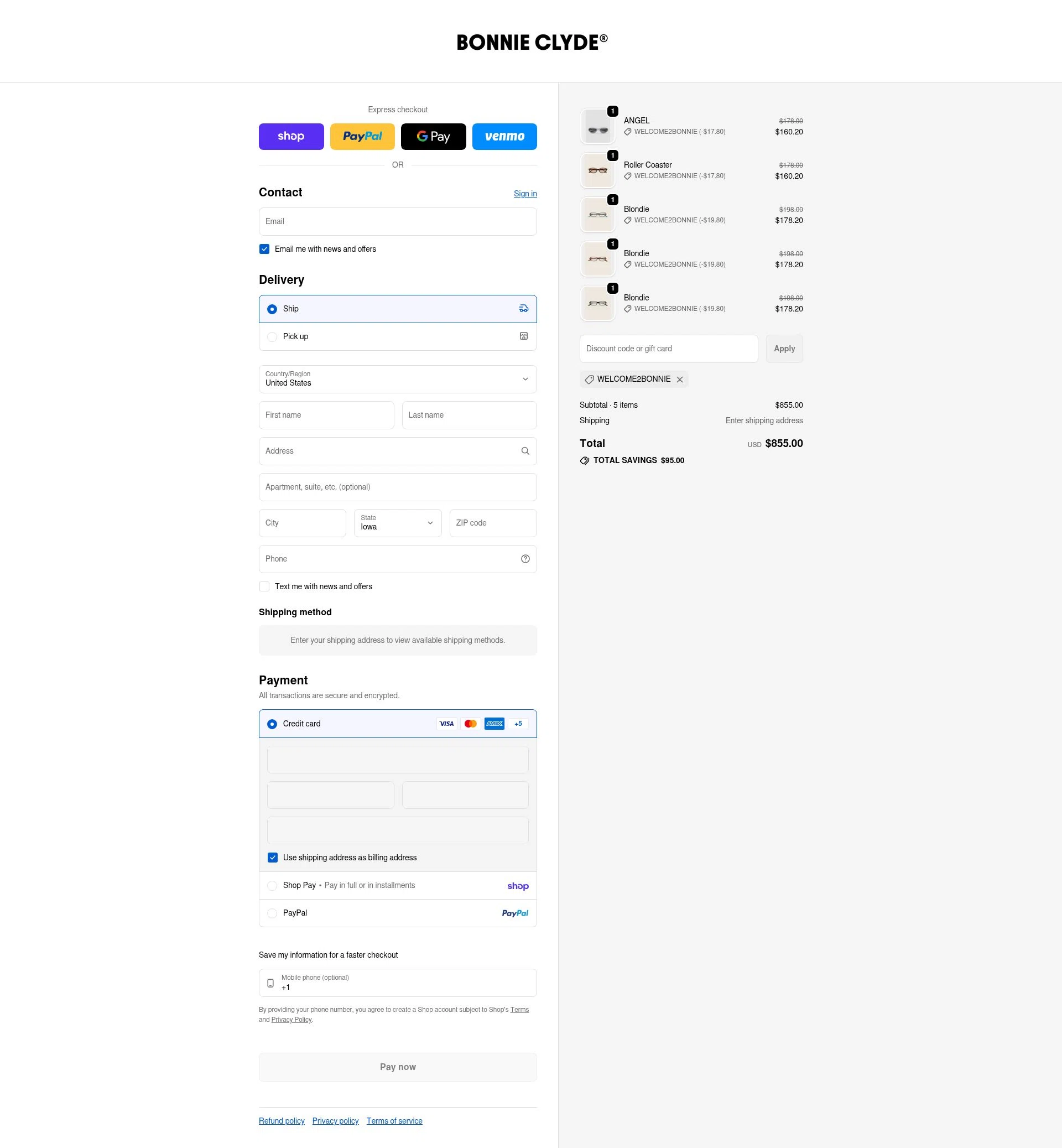 Bonnie Clyde checkout page showing Bonnie Clyde discount code box | Screenshot taken by SimplyCodes community member on Feb 20, 2026