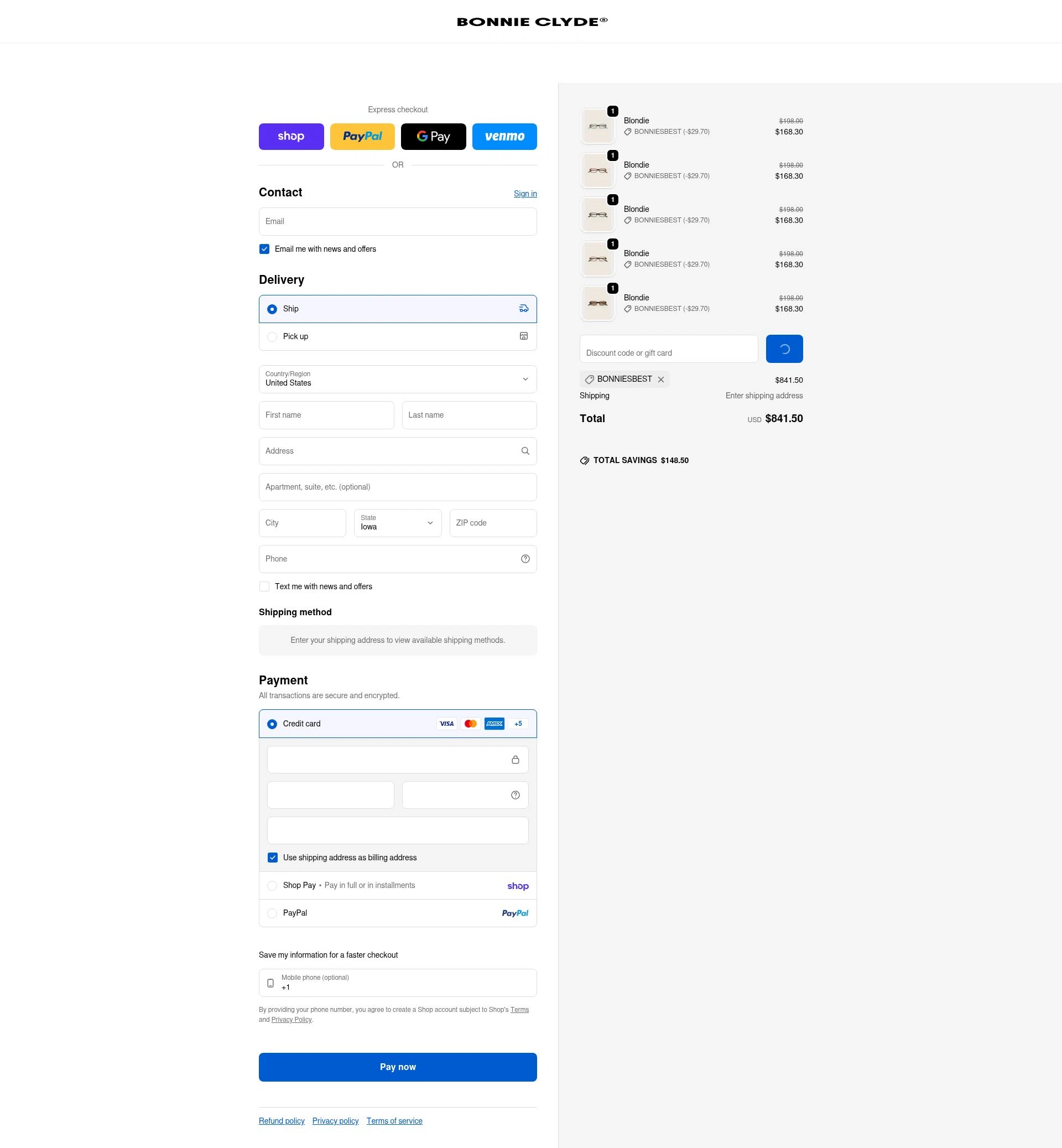 Bonnie Clyde checkout page showing Bonnie Clyde discount code box | Screenshot taken by SimplyCodes community member on Feb 12, 2026