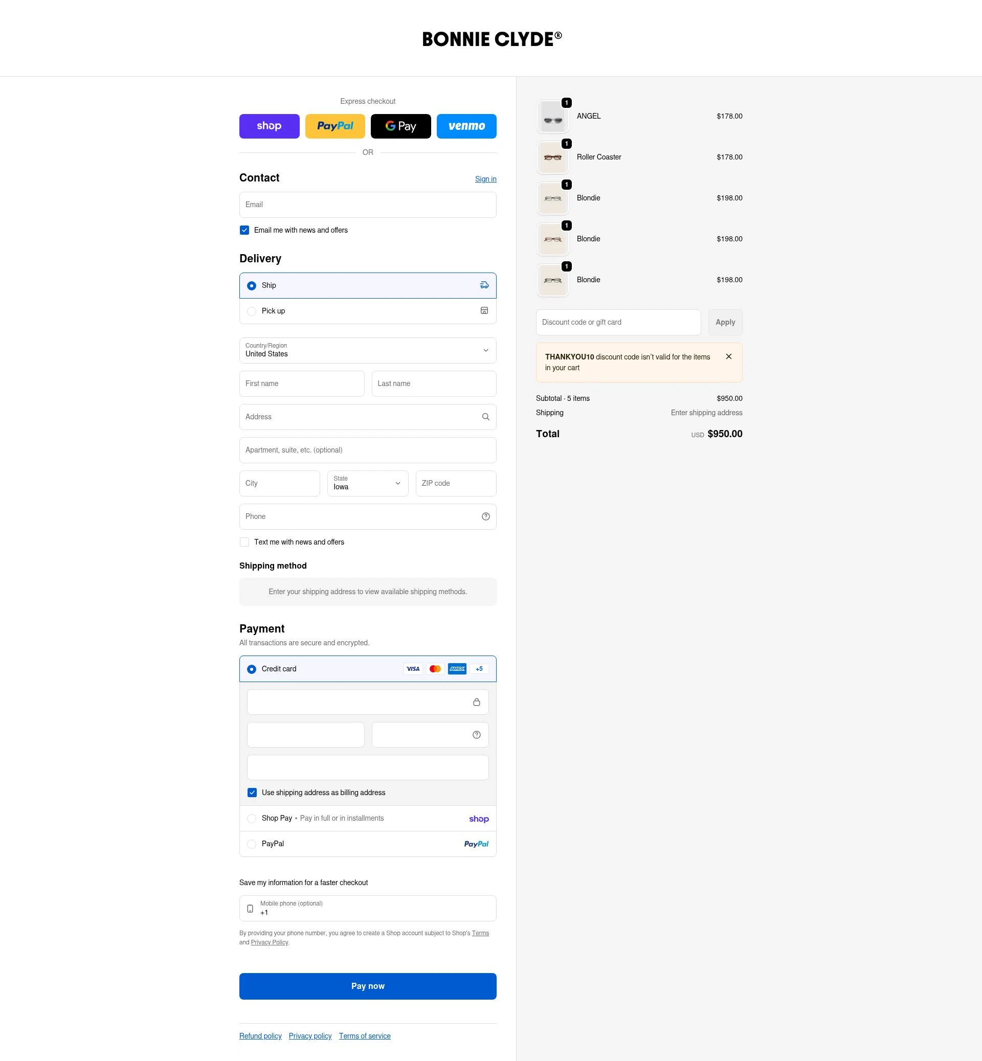 Bonnie Clyde checkout page showing Bonnie Clyde discount code box | Screenshot taken by SimplyCodes community member on Feb 20, 2026