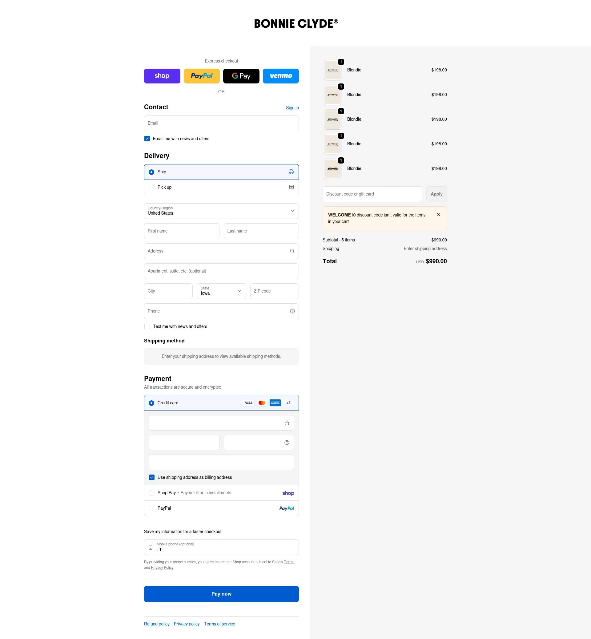 Bonnie Clyde checkout page showing Bonnie Clyde discount code box | Screenshot taken by SimplyCodes community member on Feb 11, 2026