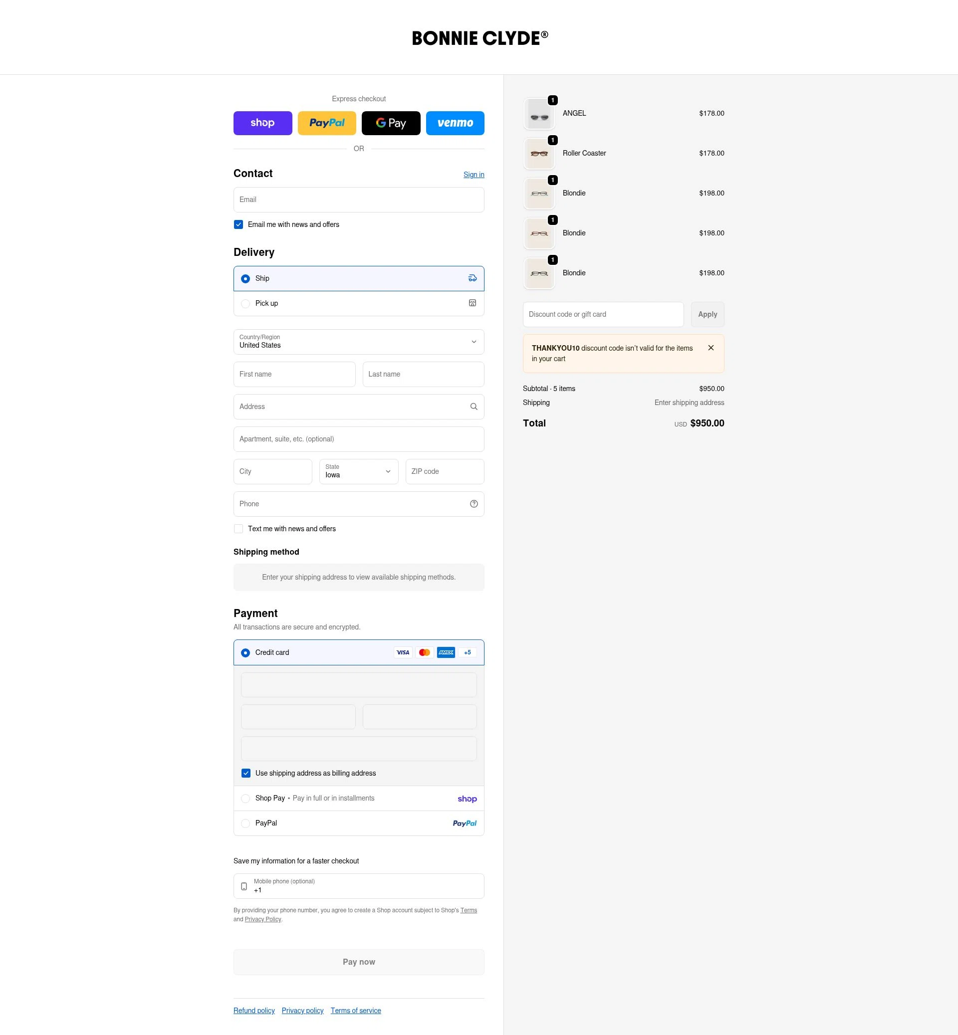 Bonnie Clyde checkout page showing Bonnie Clyde discount code box | Screenshot taken by SimplyCodes community member on Feb 15, 2026