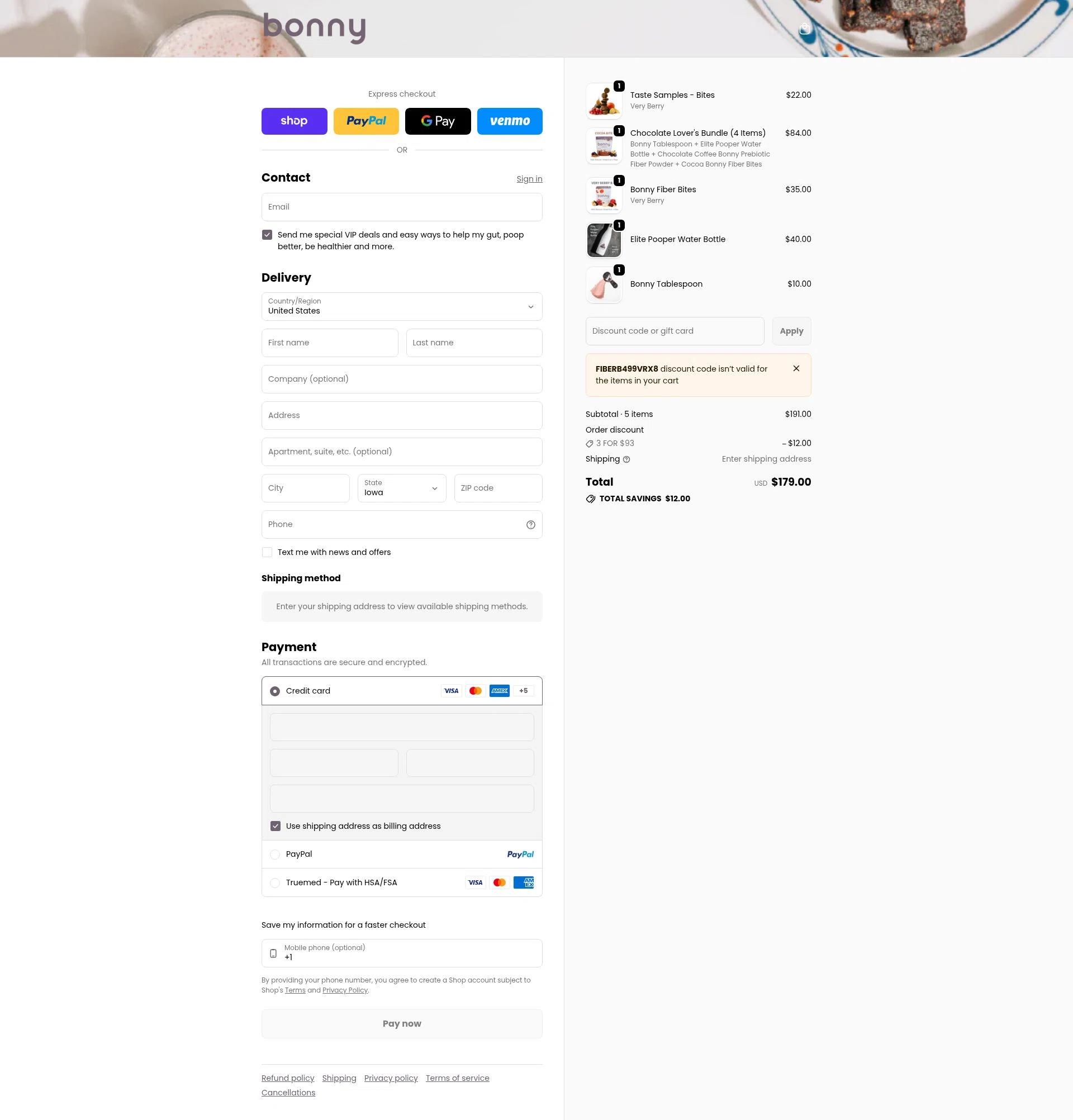 Bonny checkout page showing Bonny discount code box | Screenshot taken by SimplyCodes community member on Jan 11, 2026