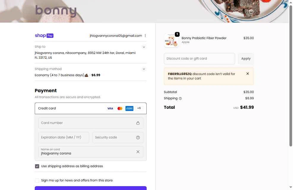 Bonny checkout page showing Bonny discount code box | Screenshot taken by SimplyCodes community member on Jan 10, 2026