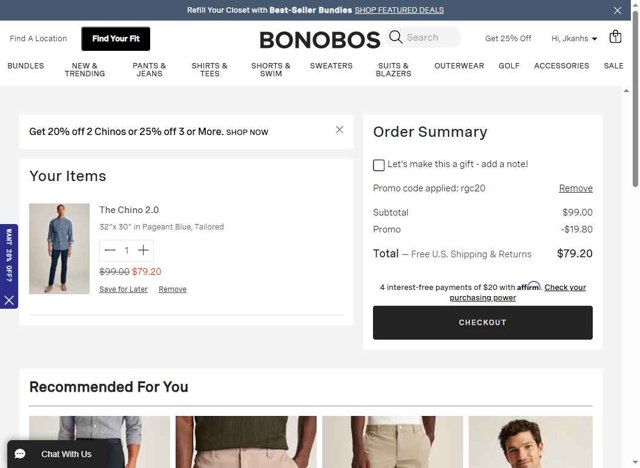 Bonobos checkout page showing Bonobos promo code box | Screenshot taken by SimplyCodes community member on Aug 16, 2025