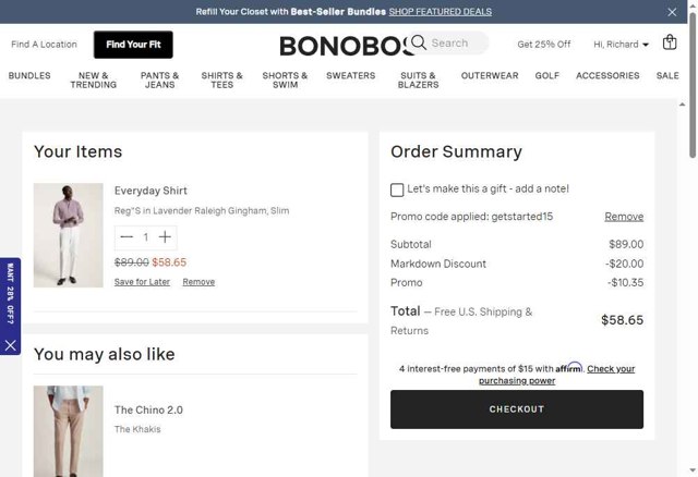Bonobos checkout page showing Bonobos promo code box | Screenshot taken by SimplyCodes community member on Aug 18, 2025