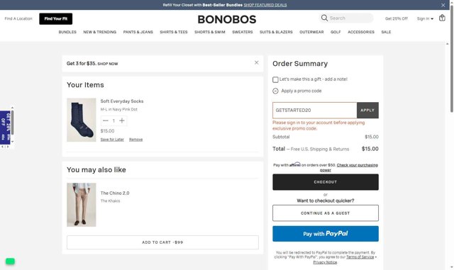 Bonobos checkout page showing Bonobos promo code box | Screenshot taken by SimplyCodes community member on Aug 19, 2025