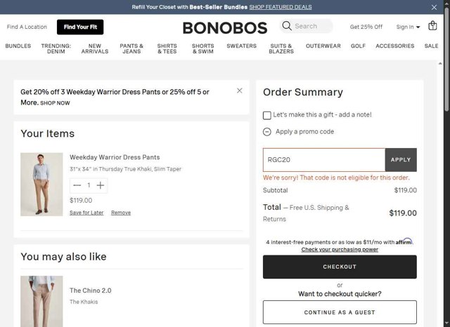 Bonobos checkout page showing Bonobos promo code box | Screenshot taken by SimplyCodes community member on Aug 6, 2025