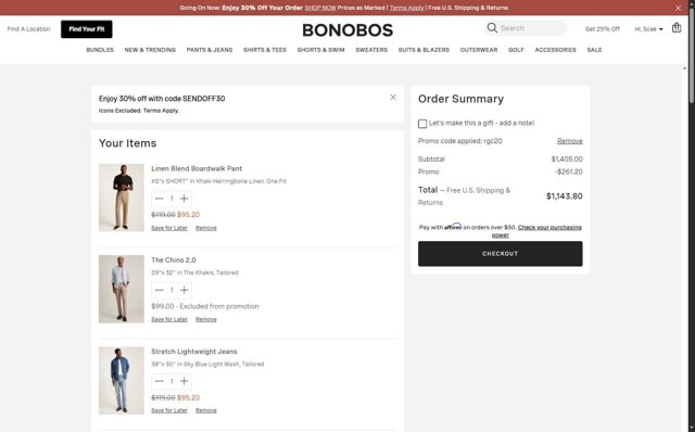 Bonobos checkout page showing Bonobos promo code box | Screenshot taken by SimplyCodes community member on Aug 28, 2025