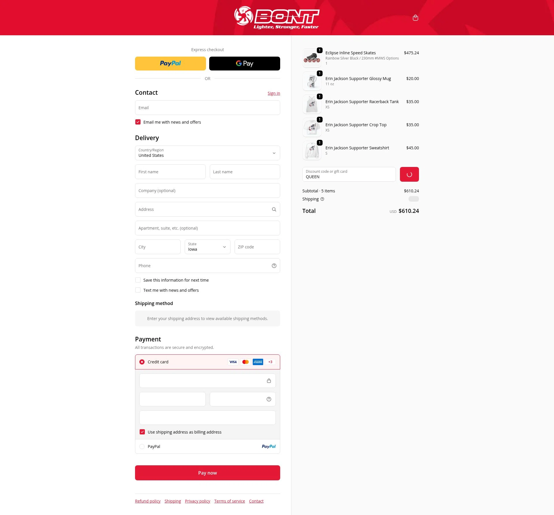 Bont checkout page showing Bont discount code box | Screenshot taken by SimplyCodes community member on Feb 14, 2026