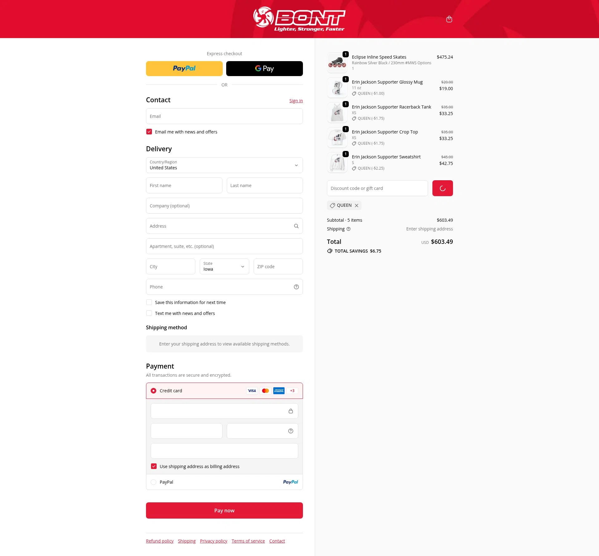 Bont checkout page showing Bont discount code box | Screenshot taken by SimplyCodes community member on Feb 19, 2026