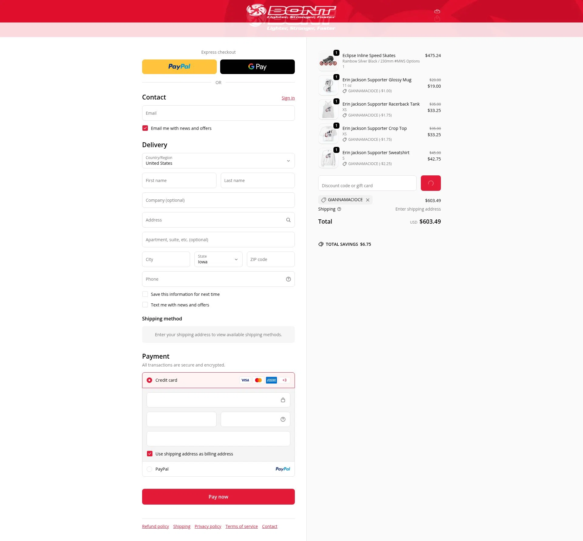 Bont checkout page showing Bont discount code box | Screenshot taken by SimplyCodes community member on Feb 14, 2026