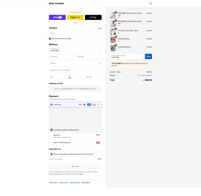 Bon Viviann checkout page showing Bon Viviann promo code box | Screenshot taken by SimplyCodes community member on Aug 27, 2025