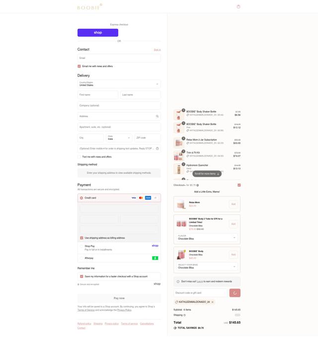 Boobie Superfoods checkout page showing Boobie Superfoods discount code box | Screenshot taken by SimplyCodes community member on Sep 10, 2025