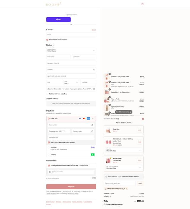 Boobie Superfoods checkout page showing Boobie Superfoods discount code box | Screenshot taken by SimplyCodes community member on Sep 10, 2025