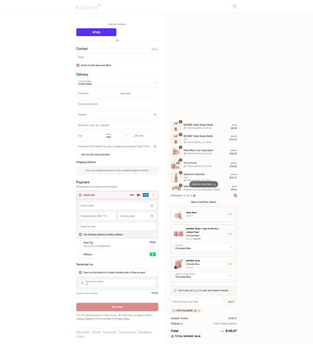 Boobie Superfoods checkout page showing Boobie Superfoods discount code box | Screenshot taken by SimplyCodes community member on Sep 10, 2025