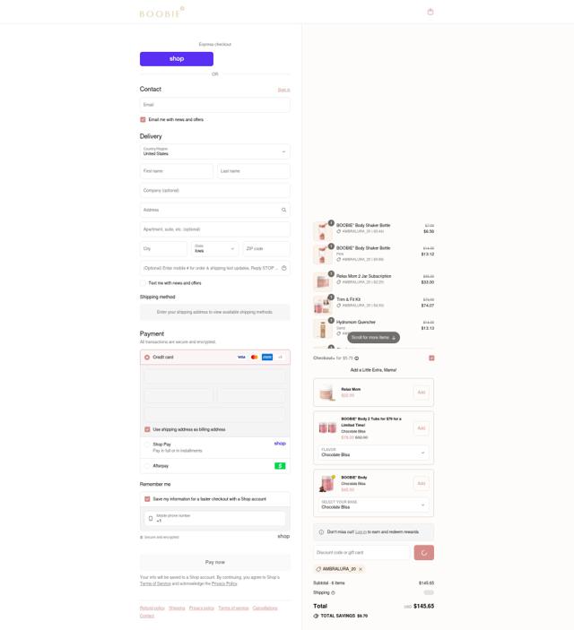 Boobie Superfoods checkout page showing Boobie Superfoods discount code box | Screenshot taken by SimplyCodes community member on Sep 10, 2025