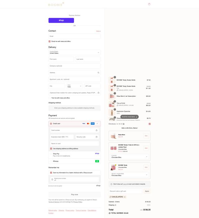 Boobie Superfoods checkout page showing Boobie Superfoods discount code box | Screenshot taken by SimplyCodes community member on Sep 10, 2025
