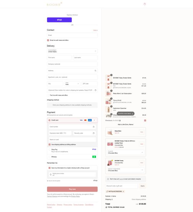 Boobie Superfoods checkout page showing Boobie Superfoods discount code box | Screenshot taken by SimplyCodes community member on Sep 10, 2025