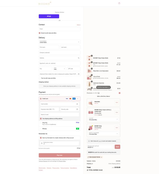 Boobie Superfoods checkout page showing Boobie Superfoods discount code box | Screenshot taken by SimplyCodes community member on Sep 10, 2025