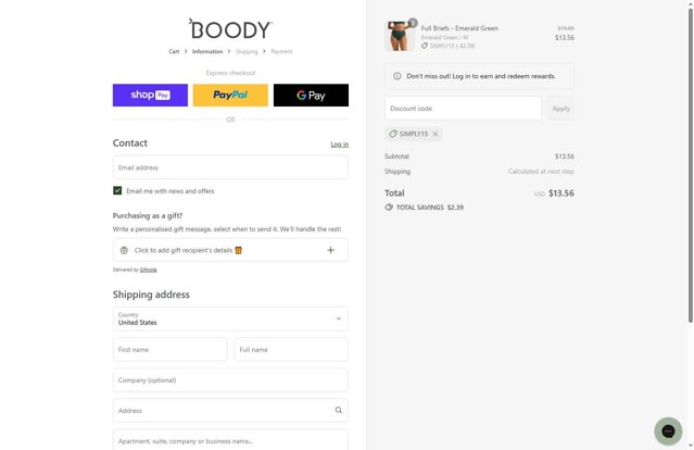 Boody checkout page showing Boody discount code box | Screenshot taken by SimplyCodes community member on Aug 4, 2025