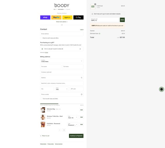 Boody checkout page showing Boody discount code box | Screenshot taken by SimplyCodes community member on Aug 28, 2025