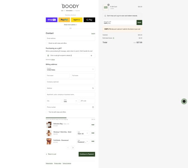 Boody checkout page showing Boody discount code box | Screenshot taken by SimplyCodes community member on Aug 17, 2025