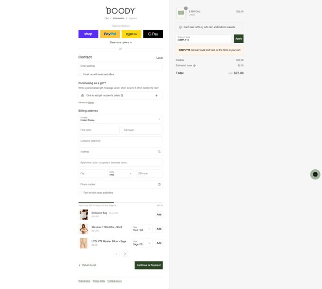 Boody checkout page showing Boody discount code box | Screenshot taken by SimplyCodes community member on Aug 10, 2025