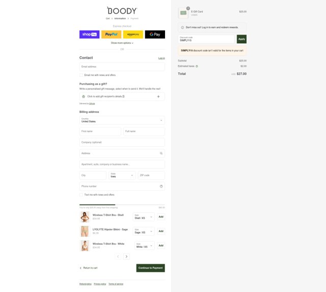 Boody checkout page showing Boody discount code box | Screenshot taken by SimplyCodes community member on Aug 2, 2025