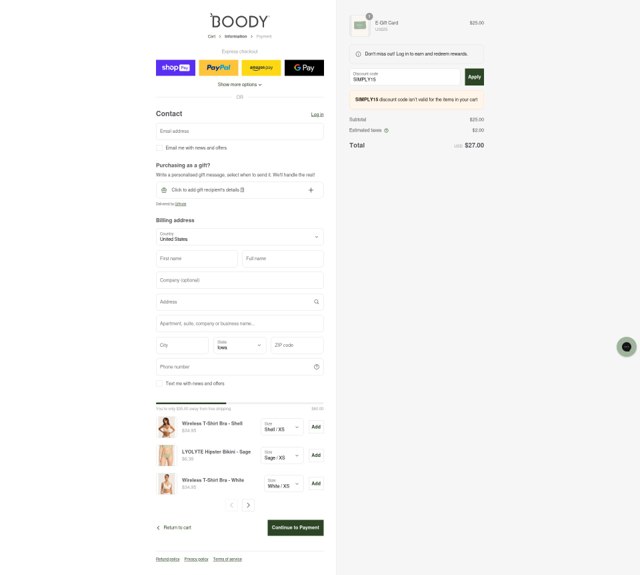 Boody checkout page showing Boody discount code box | Screenshot taken by SimplyCodes community member on Aug 1, 2025
