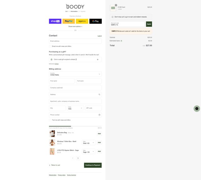 Boody checkout page showing Boody discount code box | Screenshot taken by SimplyCodes community member on Aug 4, 2025