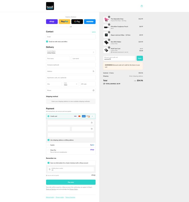 Booe checkout page showing Booe discount code box | Screenshot taken by SimplyCodes community member on Sep 4, 2025