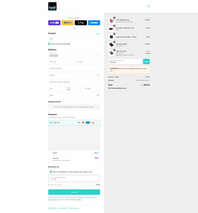 Booe checkout page showing Booe discount code box | Screenshot taken by SimplyCodes community member on Aug 26, 2025