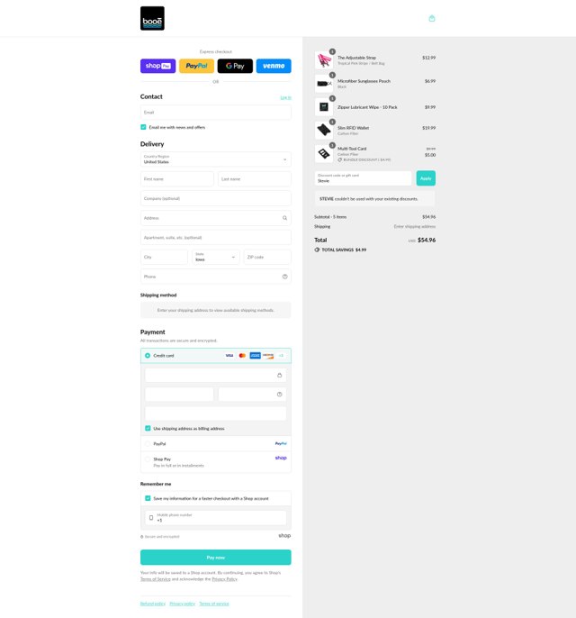 Booe checkout page showing Booe discount code box | Screenshot taken by SimplyCodes community member on Aug 26, 2025