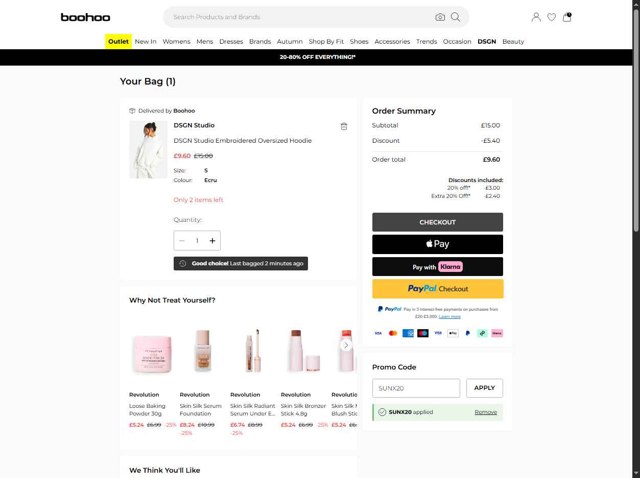 Boohoo checkout page showing Boohoo promo code box | Screenshot taken by SimplyCodes community member on Aug 28, 2025