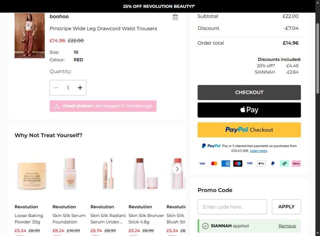 Boohoo checkout page showing Boohoo promo code box | Screenshot taken by SimplyCodes community member on Aug 28, 2025